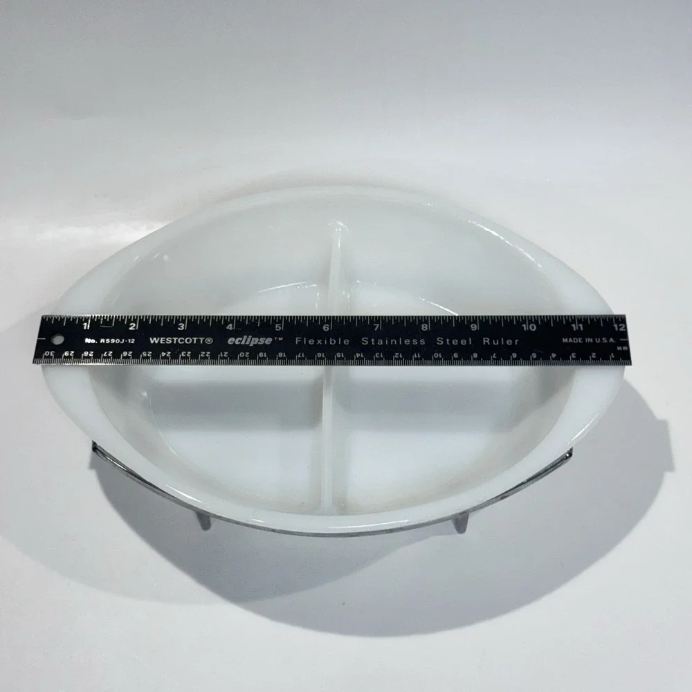 Vintage Glasbake Milk Glass Dish‎ w Blue Flower & Corning Ware Silver Stand
